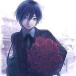  arisato_minato blue_eyes blue_hair bow flower lizzydom male persona persona_3 ribbon rose school_uniform smile solo 