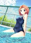  blue_eyes chain-link_fence chainlink_fence hair_ornament hairclip highres hika_(hikara) one-piece_swimsuit orange_hair original partially_submerged pool school_swimsuit shallow_water short_hair sitting solo swimsuit wariza water 