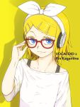  bare_shoulders bespectacled blonde_hair blue_eyes character_name colored_eyelashes glasses hair_ornament hair_ribbon hairclip headphones highres kagamine_rin looking_at_viewer reinforce_a ribbon short_hair smile solo stare title_drop vocaloid yellow_background 