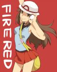  arm_up armpits bag bare_arms bare_legs bare_shoulders blue_(pokemon) breasts brown_eyes brown_hair cowboy_shot finished hat head_tilt holding holding_poke_ball holding_up leaf_(pokemon) long_hair looking_at_viewer maruishi messenger_bag miniskirt outstretched_arm payot pleated_skirt poke_ball pokemon pokemon_(game) pokemon_firered_and_leafgreen pokemon_frlg pokemon_rgby porkpie_hat red_background shoulder_bag simple_background skirt sleeveless sleeveless_shirt smile solo standing strap_cleavage title_drop vs_seeker 