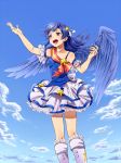  arm_up asymmetrical_clothes asymmetrical_clothing blue blue_background blue_wings boots brown_eyes cloud dress flat_chest frills hair_ornament hair_ribbon hairpin idol idolmaster kisaragi_chihaya long_hair ndo2 open_mouth openn_mouth ribbon sash sky smile solo star wings 