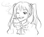  bow cigarette grin hair_bobbles hair_ornament ibarazaki_emi katawa_shoujo matsu-sensei meme monochrome parody school_uniform sketch smile smoke smoking solo twintails wink 