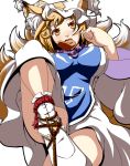  aburaage animal_ears blonde_hair breasts brown_eyes dearmybrothers food fox_ears fox_tail hat highres large_breasts looking_at_viewer mouth_hold rope shoes short_hair simple_background solo tail touhou yakumo_ran 