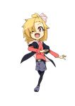  alternate_costume blonde_hair casual chibi fang inu_wi legwear_under_shorts pantyhose rumia running shorts simple_background solo the_embodiment_of_scarlet_devil touhou white_background wink youkai 