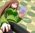  1girl alternate_hairstyle artist_request breasts brown_eyes brown_hair from_below glasses itsuno_mani_koukannikki large_breasts long_hair looking_down mouth_hold name_drop nikki_(swapnote) nintendo nintendo_3ds red-framed_glasses sharekobe smile solo standing stylus swapnote sweater title_drop turtleneck_sweater 