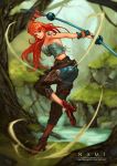  bare_shoulders bayanghitam belt character_name female forest full_body grass high_heels jeans lake long_hair nami nature one_piece orange_eyes orange_hair outdoors pirate river running shoes smile solo stream tattoo tree water weapon wind 