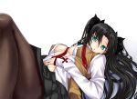  black_hair blue_eyes breasts fate/stay_night fate_(series) hair_ribbon long_hair open_clothes open_shirt pantyhose ribbon school_uniform simadu-kazuhisa solo tohsaka_rin toosaka_rin twintails 