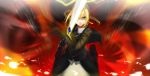  ahoge black_gloves blonde_hair cao_xiong fate/zero fate_(series) formal gloves green_eyes long_hair necktie pant_suit ponytail saber solo suit sword weapon 