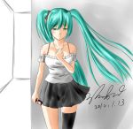  aqua_eyes aqua_hair bare_shoulders cellphone dated hand_on_own_chest hatsune_miku highres jewelry long_hair necklace phone piinaa signature single_thighhigh skirt solo tears thigh-highs thighhighs twintails very_long_hair vocaloid 