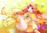  boots bow brooch circlet cure_muse cure_muse_(yellow) dress frills hair_ribbon heart highres jewelry long_hair magical_girl musical_note open_mouth orange_hair precure red_eyes ribbon shirabe_ako skirt smile solo suite_precure tage_(meyasubako) twintails yellow yellow_background yellow_dress 
