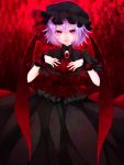  alternate_color alternate_costume ascot bad_id black_dress dress hands_on_own_chest hat pink_eyes purple_hair remilia_scarlet slit_pupils smile solo touhou wings wrist_cuffs yutazou 