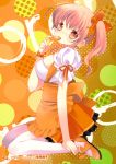  anna_miller blush breasts eating food fruit highres kneeling large_breasts orange pantyhose side_ponytail tokumi_yuiko waitress 