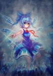  bad_id blue blue_eyes blue_hair bow breasts cirno dress eyelashes hair_bow highres ice light_smile pointing qin ribbon short_hair solo touhou wings 