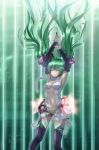  armpits arms_up breasts bridal_gauntlets center_opening closed_eyes eyes_closed floating_hair green_hair hatsune_miku hatsune_miku_(append) highres long_hair miku_append navel necktie solo striped striped_background thigh-highs thighhighs twintails very_long_hair vocaloid vocaloid_append wenhe 