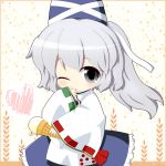  blush cocozasa covering covering_face covering_mouth food grey_eyes grey_hair hat heart highres ice_cream japanese_clothes mononobe_no_futo ponytail ribbon short_hair smile solo star tate_eboshi touhou wink 