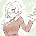  1girl 3ds breasts glasses heart itsuno_mani_koukannikki large_breasts looking_at_viewer nikki_(swapnote) nintendo nintendo_3ds raised_finger short_hair smile solo swapnote toragura wink 