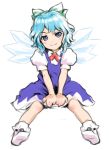  blue_dress blue_eyes blue_hair blush bow child cirno dress footwear hair_bow ice ice_wings light_smile sano_toshihide shirt short_hair simple_background sitting smile socks solo touhou v_arms wavy_hair white_background wings 