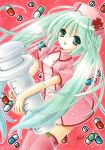  asapon dress drugs female green_eyes green_hair hat hatsune_miku koiiro_byoutou_(vocaloid) large_syringe long_hair marker_(medium) nurse nurse_cap oversized_object pill pink_legwear solo syringe thigh-highs thighhighs traditional_media twintails very_long_hair vocaloid 