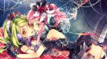  arm_garter black_gloves blonde_hair bow brown_eyes character_request copyright_request dress eyelashes gloves hairband hand_holding hat headphones holding_hands interlocked_fingers lying magnet_(vocaloid) mini_crown mini_top_hat multiple_girls on_back on_stomach pink_hair purple_eyes short_hair siting_zeng thigh-highs thighhighs top_hat violet_eyes vocaloid yuri 