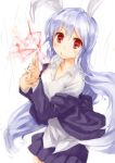  animal_ears bunny_ears dress_shirt finger_gun glint long_hair off_shoulder open_clothes open_jacket pino_(birthdayparty) pleated_skirt purple_hair red_eyes reisen_udongein_inaba shirt silver_hair skirt smile solo touhou very_long_hair 