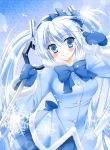  blue_eyes blue_hair bow coat earmuffs gloves hair_bow hatsune_miku kanna_satsuki long_hair looking_at_viewer smile snowflakes solo twintails very_long_hair vocaloid yuki_miku 
