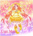  1girl boots bow brooch character_name choker circlet cure_muse cure_muse_(yellow) dress frills gradient gradient_background hair_ribbon heart highres jewelry long_hair magical_girl orange_hair parara_kerusu pink_background precure purple_background red_eyes ribbon shirabe_ako solo star starry_background suite_precure yellow_dress 