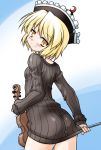  akou_roushi alternate_costume ass blonde_hair blush bottomless crescent hat instrument looking_at_viewer looking_back lunasa_prismriver naked_sweater no_pants ribbed_sweater short_hair smile solo sweater touhou violin yellow_eyes 