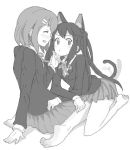 animal_ears arm_support barefoot blush cat_ears cat_tail closed_eyes drawr eyes_closed hand_on_another&#039;s_face hand_on_another's_face hirasawa_yui k-on! kousuke102 kuzu_kow leaning_forward long_hair looking_away monochrome multiple_girls nakano_azusa no_legwear pout school_uniform short_hair sitting smile tail tail_wagging tsundere twintails wariza 