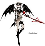  armband bat_wings bisuke_(k_step2009) boots character_name highres k_step2009 military military_uniform monochrome polearm red_eyes remilia_scarlet short_hair smile solo spear spear_the_gungnir spot_color touhou uniform weapon wings 