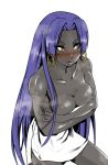  assassin_(fate/zero) bare_shoulders bathtowel blue_hair blush breast_hold breasts cleavage earrings fate/zero fate_(series) female_assassin_(fate/zero) grey_skin hoop_earrings jewelry kazami_tomo large_breasts long_hair muscle naked_towel ponytail solo towel yellow_eyes 