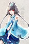  bare_shoulders bow daviw fingerless_gloves gloves grey_hair hair_bow long_hair luo_tianyi red_eyes skirt smile solo twintails vocaloid yayin_gongyu 