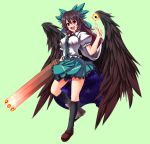  arm_cannon arm_up black_hair black_wings bow cape concrete energy_ball glowing glowing_weapon hair_bow iwanori long_hair mismatched_footwear open_mouth pointing pointing_up red_eyes reiuji_utsuho shirt skirt smile solo space third_eye touhou weapon wings 