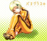  blonde_hair blush bruce_lee&#039;s_jumpsuit bruce_lee's_jumpsuit flower green_eyes hair_flower hair_ornament hairclip huang_baoling love_plus parody rduuroorn shoes short_hair smile sneakers solo tiger_&amp;_bunny 