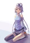  bare_shoulders belt brown_eyes grey_hair hair_ornament headset luo_tianyi madyy mismatched_legwear single_thighhigh sitting skirt smile solo thigh-highs thighhighs vocaloid yayin_gongyu 