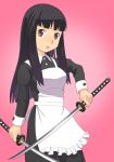  apron black_hair dual_wielding female katana long_hair maid meow_(nekodenki) original purple_eyes solo sword violet_eyes weapon 