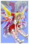  alternate_hairstyle blonde_hair boots bow cirno cirno_(cosplay) cosplay fang flandre_scarlet hair_bow highres izuna_nie open_mouth ponytail red_eyes short_hair smile solo the_embodiment_of_scarlet_devil touhou wings zoom_layer 