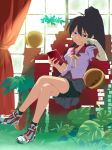  bakemonogatari bandage bandages basketball bike_shorts black_hair blue_eyes book cosplay crossed_legs ganaha_hibiki highres idolmaster kanbaru_suruga kanbaru_suruga_(cosplay) long_hair monogatari_(series) plant ponytail reading school_uniform shotarou sitting solo 