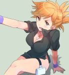  bare_legs blush breasts brown_eyes brown_hair cleavage dummy04 female genderswap jewelry large_breasts naso4 necklace nintendo ookido_green ookido_green_(frlg) open_mouth orange_hair outstretched_arm pokemon pokemon_(game) pokemon_firered_and_leafgreen pokemon_frlg pokemon_rgby ponytail shadow short_hair simple_background sitting solo thigh_strap wristband 