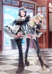  2girls black_hair blonde_hair blue_eyes bucket checkered checkered_floor highres looking_at_viewer maid mop multiple_girls original rezi smile thigh-highs 