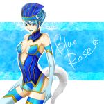  bara_iro bare_shoulders blue_eyes blue_hair blue_rose_(tiger_&amp;_bunny) boots breasts character_name cleavage earrings elbow_gloves eyelashes gloves hat highres jewelry karina_lyle lipstick short_hair solo superhero thigh-highs thigh_boots thighhighs tiger_&amp;_bunny 
