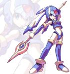  5yusuke3 blue_eyes blue_hair boots breasts fairy_leviathan gloves helmet leviathan leviathan_(megaman) leviathan_(rockman) polearm rockman rockman_zero simple_background solo spear thigh-highs thighhighs weapon yuusuke_(5yusuke3) 