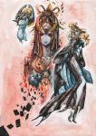  barefoot blue_skin dress dual_persona eyepatch helmet imp kizanohomare lips long_legs midna multiple_persona orange_hair pointy_ears red_eyes side_slit smile solo spoilers the_legend_of_zelda traditional_media twili_midna twilight_princess watercolor_pencil_(medium) 