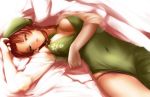  1girl arm_up braid breasts china_dress chinese_clothes cleavage_cutout dress green_dress green_eyes hand_on_head hat hong_meiling kirieppa looking_at_viewer lying navel on_side open_mouth panties purple_panties red_hair redhead shirt solo star touhou twin_braids underwear 