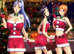  2girls blue_hair choker christmas cleavage food harii original santa_costume skirt 