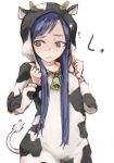  1girl animal_costume bell blue_hair brown_eyes code-aa cow_bell cow_costume cow_tail highres horns idolmaster kisaragi_chihaya long_hair raised_eyebrow simple_background solo tail white_background 