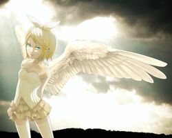  :p angel_wings bare_shoulders blonde_hair blue_eyes cowboy_shot hair_ornament hair_ribbon hairclip highres kagamine_rin looking_at_viewer mimadan ribbon short_hair skirt smile solo thigh-highs thighhighs tongue vocaloid wings zettai_ryouiki 