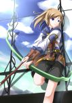  arrow belt blonde_hair blue_eyes bow_(weapon) brown_hair cloud clouds female final_fantasy final_fantasy_xi hume long_hair masaki_(machisora) ponytail ranger shorts sky solo weapon window 