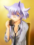  blue_eyes breasts bust cleavage glasses heterochromia lavolpe_(yagisaka_seto) long_hair necktie original payot purple_eyes shirt silver_hair solo unbuttoned violet_eyes yagisaka_seto 