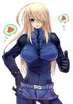  1girl blue_eyes bodysuit breasts female gloves hair_over_one_eye impossible_clothes impossible_clothing impossible_shirt large_breasts metroid metroid_(creature) navel ran_komomo samus_aran short_shorts shorts solo thumbs_up 