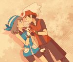  1girl bandana bandanna bare_shoulders bike_shorts black_hair blue_eyes blush brown_hair candy couple fang fingerless_gloves gloves holding lollipop odamaki_sapphire pokemon pokemon_special red_eyes ruby_(pokemon) shirou_(vista) 